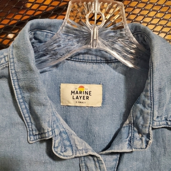 Marine Layer Womens Blue Chambray Denim Button Down Shirt Size X-Small - Picture 3 of 6